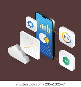Isometrisches Design-Konzept für mobile App-Entwicklung, Cloud-Computing, Big-Data-Analyse. Vektorgrafik