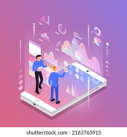 Isometric design concept mobile application analytics tools via teamwork business