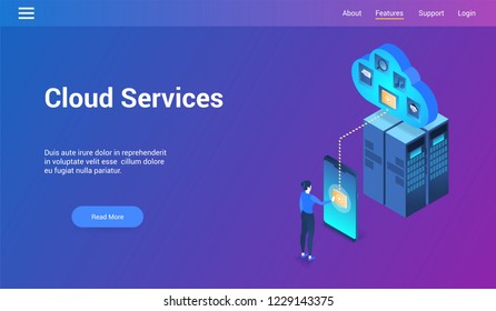 Isometric design concept on cloud services theme. Vector illustration mock-up for website and mobile website. Landing page template.