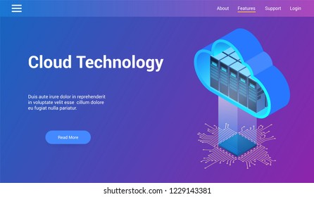 Isometric design concept on cloud technology theme. Vector illustration mock-up for website and mobile website. Landing page template.