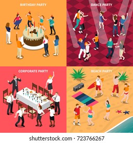 Isometric Design Concept With People At Birthday Party, Dance Evening, Corporate Celebration And Beach Isolated Vector Illustration 