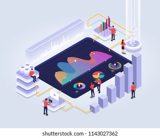 Isometric design concept people interactive working analyzing statistics. Data visualization 3d object. Vector illustrations.