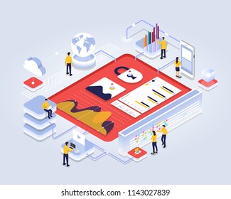 Isometric design concept people interactive working analyzing statistics. Data visualization 3d object. Vector illustrations.