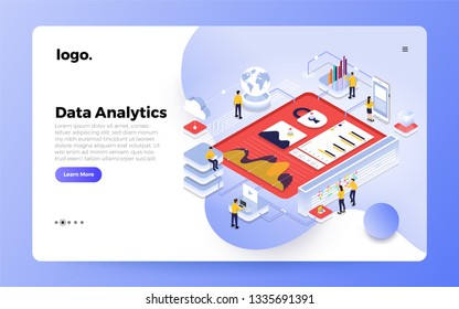 Isometric design concept people interactive working analyzing statistics. Data visualization 3d object. Website design landing page mockup. Vector illustrations.