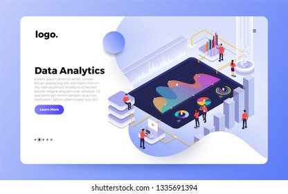 Isometric design concept people interactive working analyzing statistics. Data visualization 3d object. Website design landing page mockup. Vector illustrations.