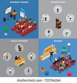 Isometric design concept with public speakers during business training, presentation, seminar and audience isolated vector illustration  