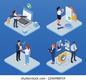 Isometric design concept set with business people making agreements and signing contracts isolated on blue background vector illustration