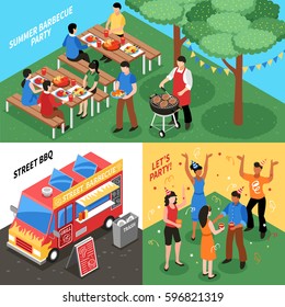 Isometric design concept with summer barbecue street food on grill and festive party isolated vector illustration 