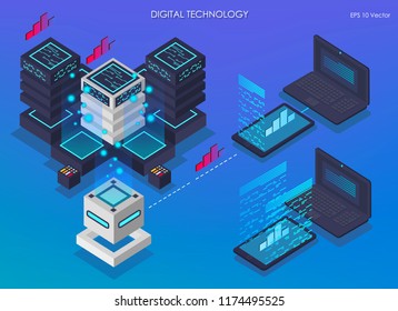 Isometric design concept virtual reality and development digital technologys, isometric data center, vector information processing and storage