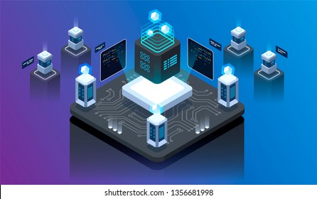 Isometric design concept virtual reality and augmented reality. software development and programming. Computation of big data center, information processing, database. isometric vector technology