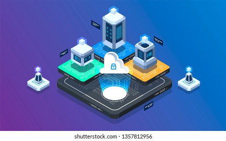 Isometric design concept virtual reality and augmented reality. software development and programming. Computation of big data center, information processing, database. isometric vector technology