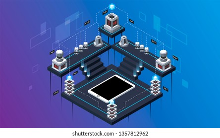 Isometric design concept virtual reality and augmented reality. software development and programming. Computation of big data center, information processing, database. isometric vector technology