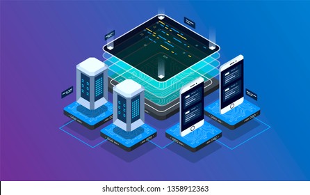 Isometric design concept virtual reality and augmented reality. software development and programming. Computation of big data center, information processing, database. isometric vector technology