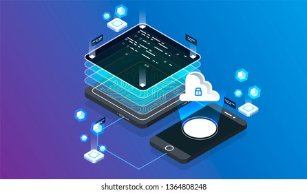 Isometrisches Design Konzept virtuelle Realität und erweiterte Realität. Softwareentwicklung und Programmierung.Berechnung des großen Rechenzentrums, Informationsverarbeitung, Datenbank. isometrische Vektortechnologie