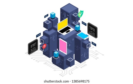 Isometric design concept virtual reality and augmented reality. software development and programming. Computation of big data center, information processing, database. isometric vector technology