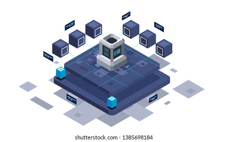 Isometric design concept virtual reality and augmented reality. software development and programming. Computation of big data center, information processing, database. isometric vector technology