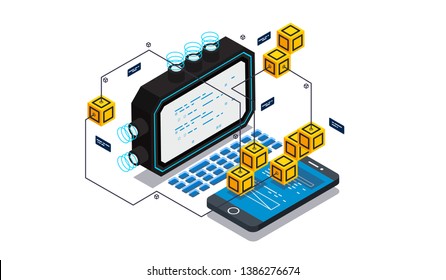 Isometric design concept virtual reality and augmented reality. software development and programming. Computation of big data center, information processing, database. isometric vector technology