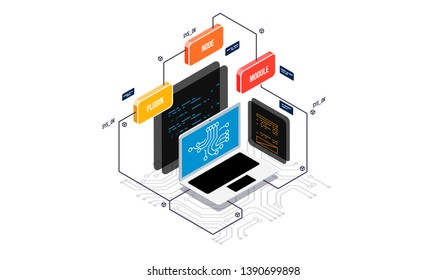 Isometric design concept virtual reality and augmented reality. software development and programming. Computation of big data center, information processing, database. isometric vector technology