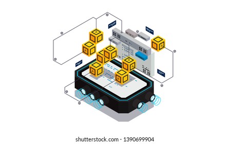 Isometric design concept virtual reality and augmented reality. software development and programming. Computation of big data center, information processing, database. isometric vector technology