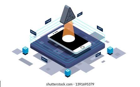 Isometric design concept virtual reality and augmented reality. software development and programming. Computation of big data center, information processing, database. isometric vector technology