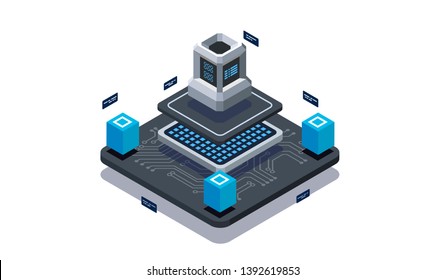 Isometric design concept virtual reality and augmented reality. software development and programming. Computation of big data center, information processing, database. isometric vector technology
