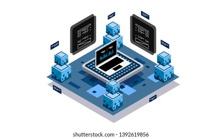 Isometric design concept virtual reality and augmented reality. software development and programming. Computation of big data center, information processing, database. isometric vector technology