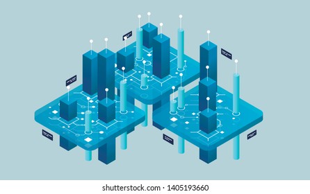 Isometric design concept virtual reality and augmented reality. software development and programming. Computation of big data center, quantum computer isometric vector technology