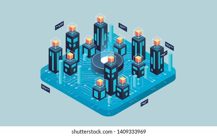 Isometric design concept virtual reality and augmented reality. software development and programming. Computation of big data center, quantum computer isometric vector technology
