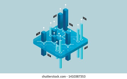 Isometric design concept virtual reality and augmented reality. software development and programming. Computation of big data center, quantum computer isometric vector technology