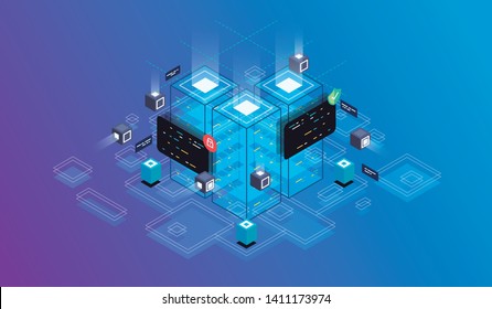 Isometric design concept virtual reality and augmented reality. software development and programming. Computation of big data center, information processing, database. isometric vector technology