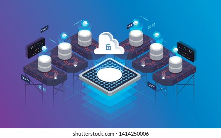 Isometric design concept virtual reality and augmented reality. software development and programming. Computation of big data center, information processing, database. isometric vector technology