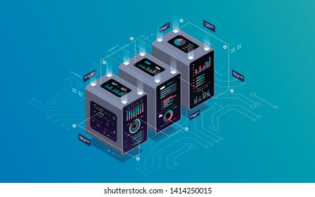 Isometric design concept virtual reality and augmented reality. software development and programming. Computation of big data center, information processing, database. isometric vector technology