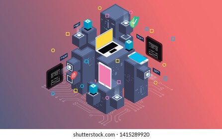 Isometric design concept virtual reality and augmented reality. software development and programming. Computation of big data center, information processing, database. isometric vector technology