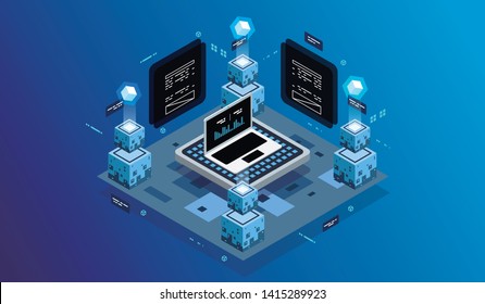 Isometric design concept virtual reality and augmented reality. software development and programming. Computation of big data center, information processing, database. isometric vector technology