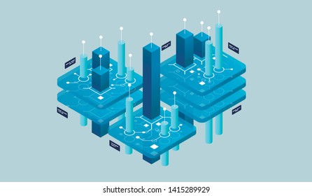 Isometrisches Design Konzept virtuelle Realität und erweiterte Realität. Software-Entwicklung und -Programmierung. Berechnung von großen Rechenzentren, Quantencomputer isometrische Vektortechnologie