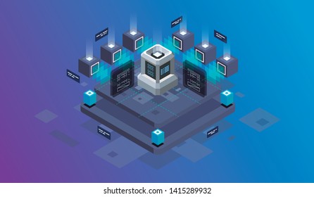 Isometric design concept virtual reality and augmented reality. software development and programming. Computation of big data center, information processing, database. isometric vector technology