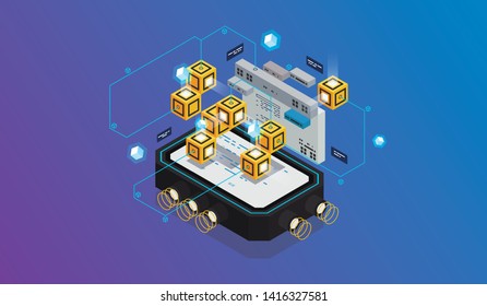 Isometric design concept virtual reality and augmented reality. software development and programming. Computation of big data center, information processing, database. isometric vector technology