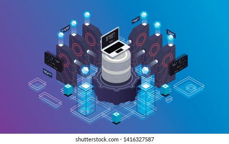 Isometric design concept virtual reality and augmented reality. software development and programming. Computation of big data center, information processing, database. isometric vector technology