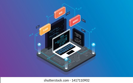 Isometric design concept virtual reality and augmented reality. software development and programming. Computation of big data center, information processing, database. isometric vector technology