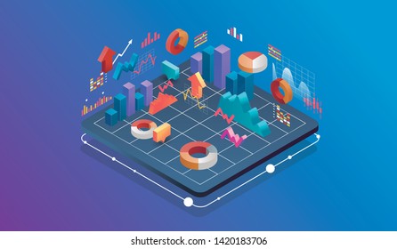Isometric design concept virtual reality and augmented reality. software development and programming. economic schemes, graphs, scales. isometric vector technology