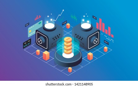 Isometric design concept virtual reality and augmented reality. software development and programming. Finance and payment system. isometric vector technology