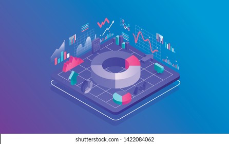 Isometric design concept virtual reality and augmented reality. software development and programming. economic schemes, graphs, scales. isometric vector technology