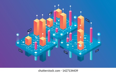 Isometric design concept virtual reality and augmented reality. software development and programming. Computation of big data center, quantum computer isometric vector technology