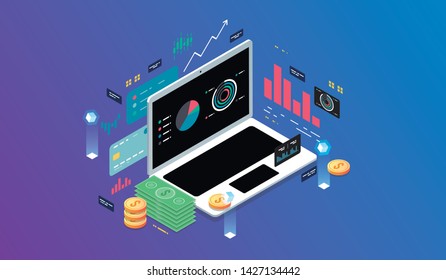 Isometric design concept virtual reality and augmented reality. software development and programming. Finance and payment system. isometric vector technology