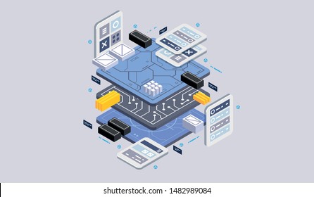 Isometric design concept virtual reality and augmented reality. software development and programming. Computation of big data center, quantum computer isometric vector technology