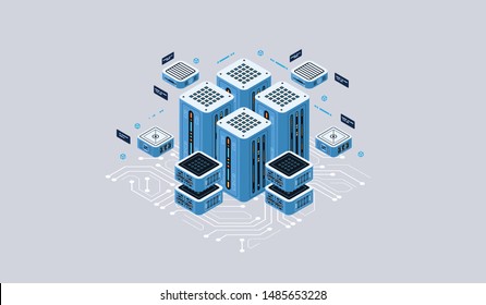 Isometric design concept virtual reality and augmented reality. software development and programming. Computation of big data center, quantum computer isometric vector technology