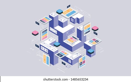 Isometric design concept virtual reality and augmented reality. software development and programming. Computation of big data center, quantum computer isometric vector technology