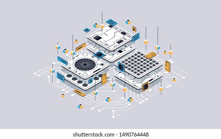 Isometric design concept virtual reality and augmented reality. software development and programming. Computation of big data center, quantum computer isometric vector technology