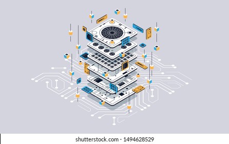 Isometric design concept virtual reality and augmented reality. software development and programming. Computation of big data center, quantum computer isometric vector technology