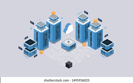 Isometric design concept virtual reality and augmented reality. software development and programming. Computation of big data center, quantum computer isometric vector technology